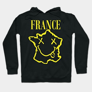 Vibrant France: Unleash Your 90s Grunge Spirit! Smiling Squiggly Mouth Dazed Smiley Face Hoodie